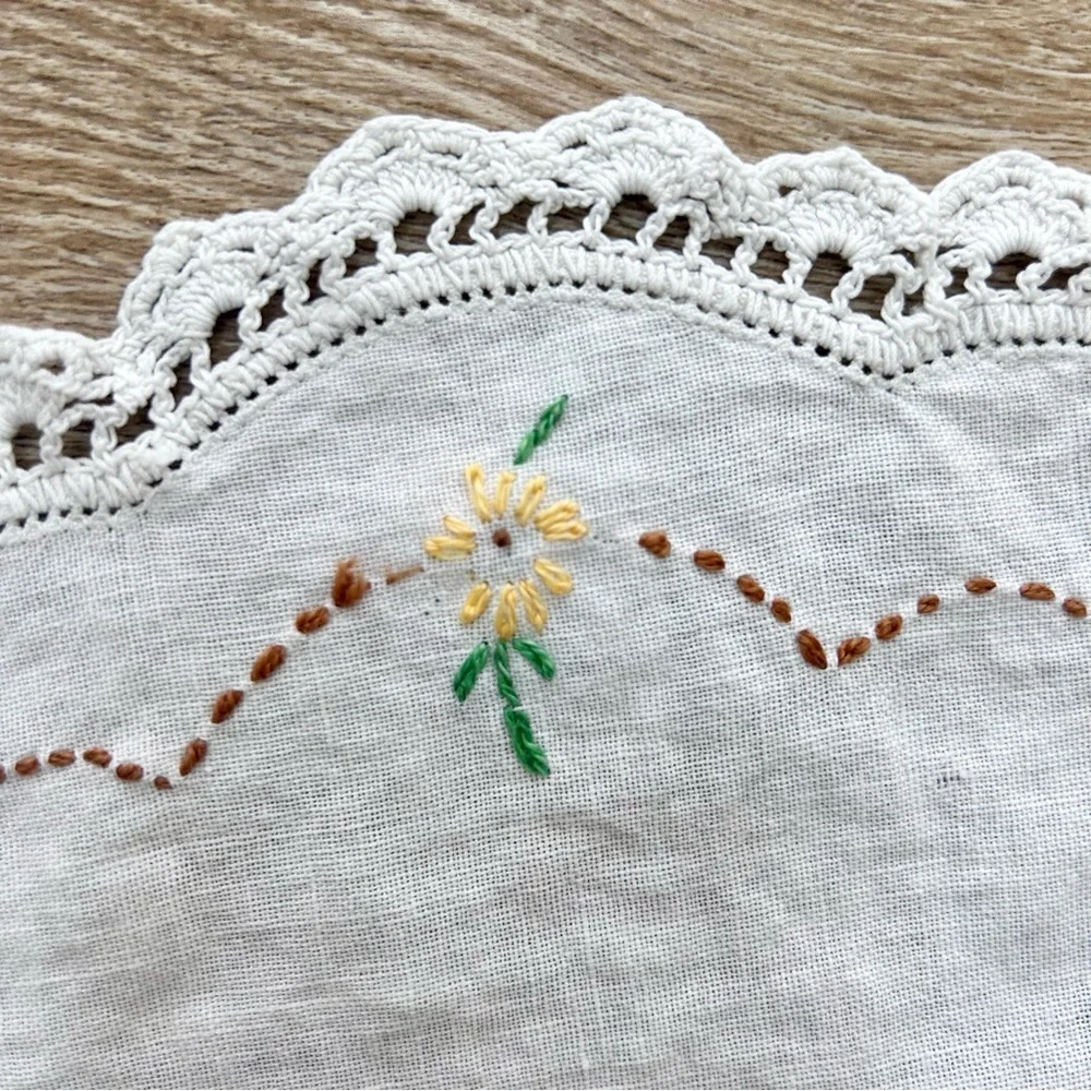 Vintage Embroidery Table Dress Runner‎ Doilies Set of 2 Floral Basket Crochet